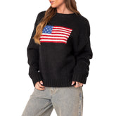 LIZAKOSHT  -  Women s Vintage American Flag Print Sweatshirt Long Sleeve Round Neck Loose Pullover Autumn Winter Tops Patriotic Fashion